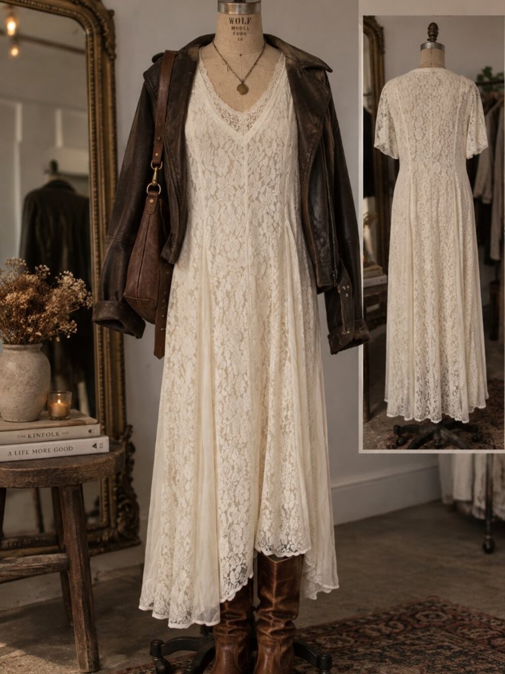 Vintage STARINA Ivory Lace Midi Dress Small 90s Boho Romantic